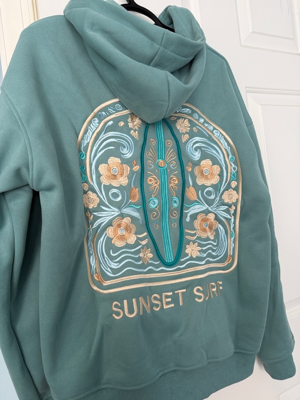 Sunset Surf Embroidered Floral Hoodie - Teal Green
